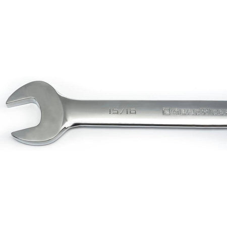 A close-up detail shot of the open end of a GearWrench combination wrench. The full-polish chrome finish is visible, along with a 15/16 inch size marking and the GearWrench brand logo stamped on the beam.