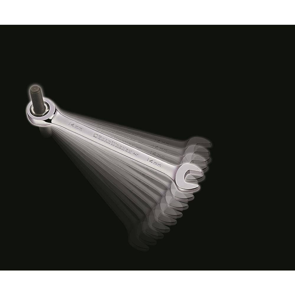 A visual effect image against a black background showing a single GearWrench ratcheting wrench in a 14mm size. A series of faded motion trails illustrate the ratcheting movement around a central bolt, emphasizing the small swing arc of the 72-tooth mechanism.
