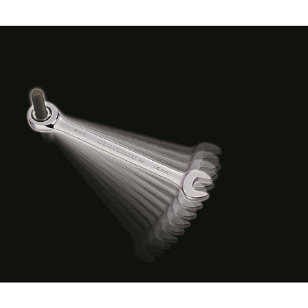 A visual effect image against a black background showing a single GearWrench ratcheting wrench in a 14mm size. A series of faded motion trails illustrate the ratcheting movement around a central bolt, emphasizing the small swing arc of the 72-tooth mechanism.