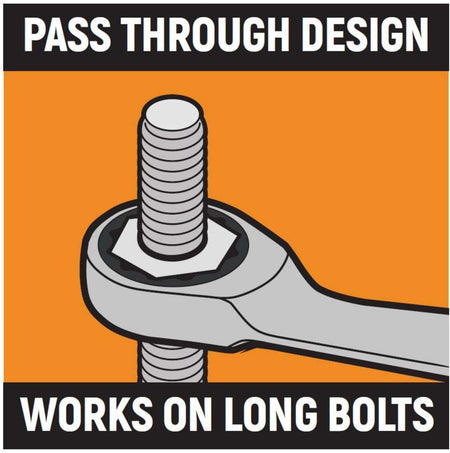 An instructional graphic with a bright orange background and the heading Pass Through Design and the footer Works On Long Bolts. The illustration shows a GearWrench ratcheting box end seated on a nut with a long threaded bolt passing completely through the center of the wrench.