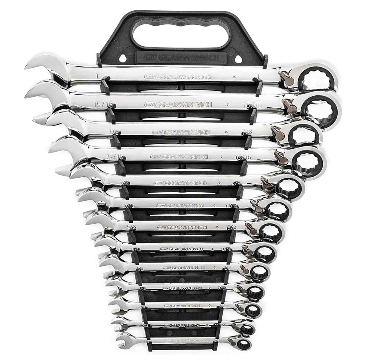 Front facing view of the complete 13-piece SAE reversible ratcheting wrench set organized in the black carrying rack.