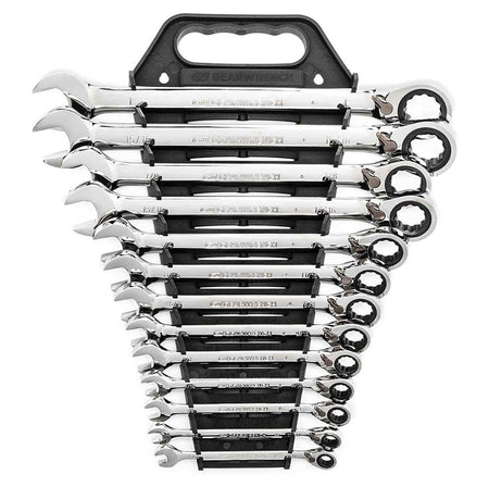 Front facing view of the complete 13-piece SAE reversible ratcheting wrench set organized in the black carrying rack.