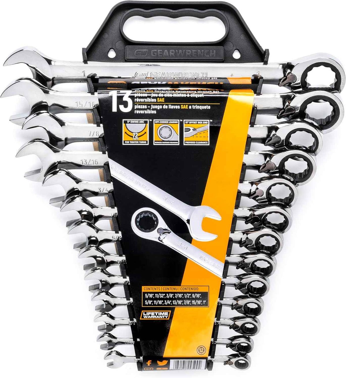 Front view of the 13-piece wrench set secured in its black plastic locking organizer rack.
