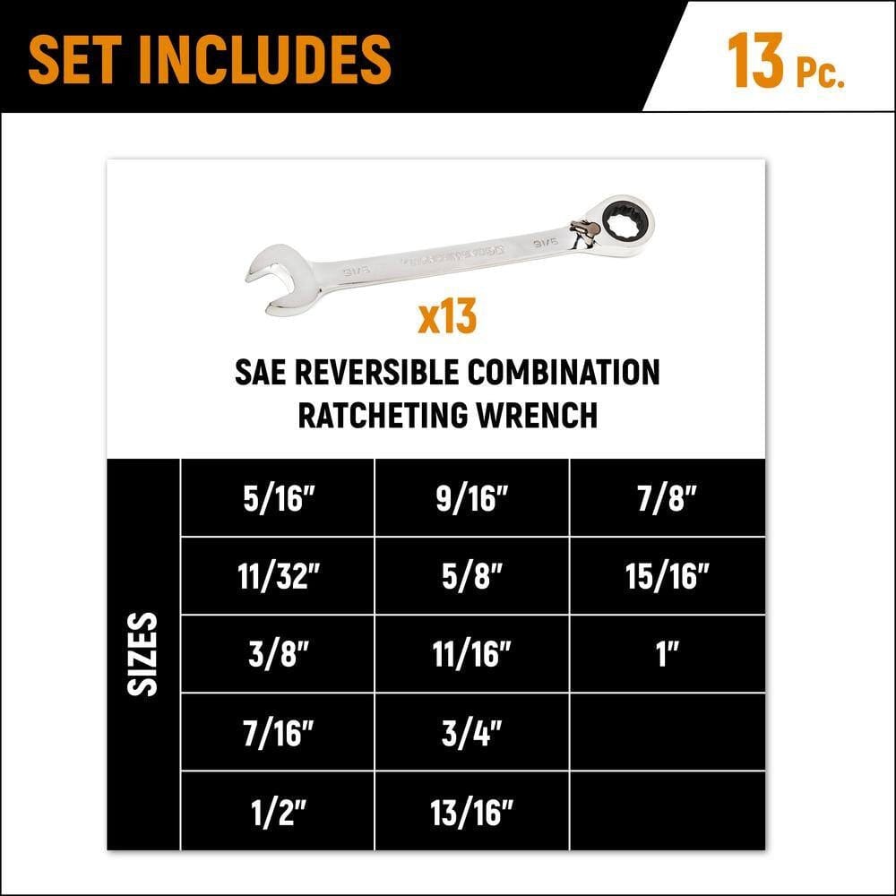 Graphic chart listing the contents of the 13-piece SAE reversible combination ratcheting wrench set, including sizes from 5/16 inch to 1 inch.