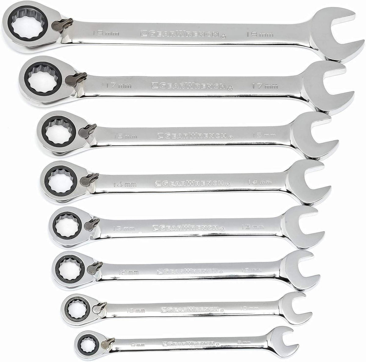 Top-down view of the complete 8-piece reversible ratcheting wrench set arranged in size order from 8mm to 19mm.