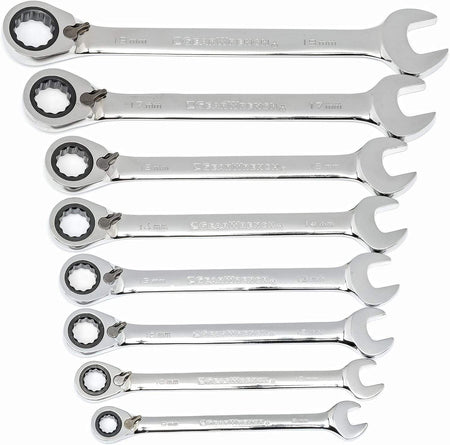 Top-down view of the complete 8-piece reversible ratcheting wrench set arranged in size order from 8mm to 19mm.