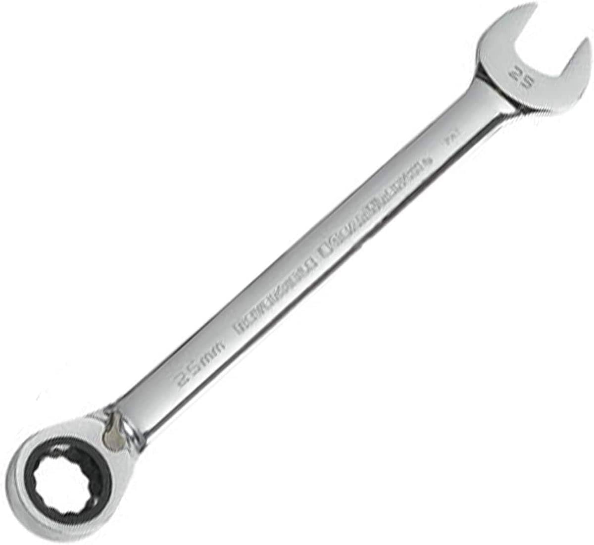 Full length studio view of a polished chrome reversible ratcheting combination wrench.