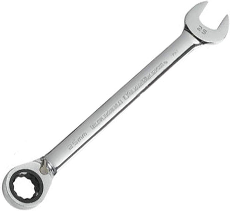 Full length studio view of a polished chrome reversible ratcheting combination wrench.