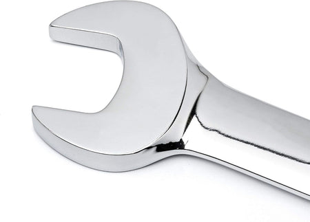 Close-up view of the polished chrome open end jaw of the combination wrench.