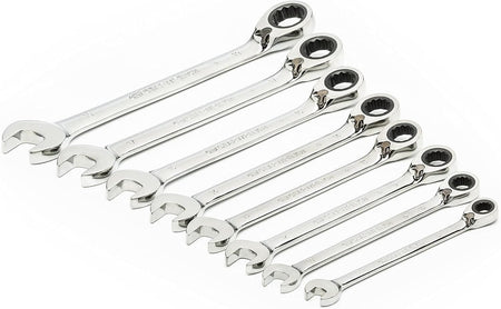 Eight polished chrome reversible ratcheting combination wrenches arranged diagonally to display the box ends with reversing levers.