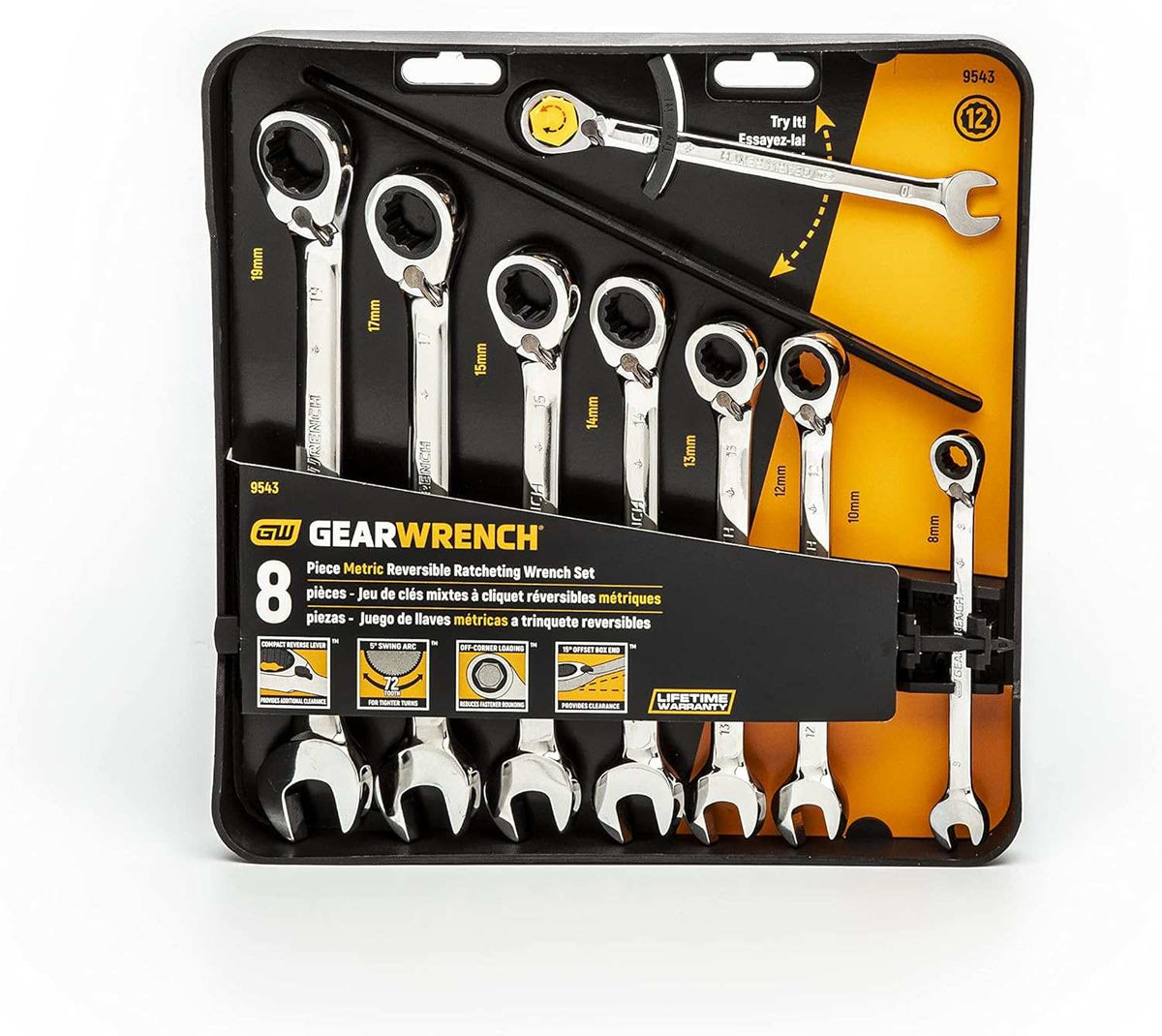 Packaged GearWrench 9543 8-piece metric reversible ratcheting wrench set in a black and orange display tray.