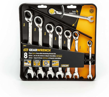 Packaged GearWrench 9543 8-piece metric reversible ratcheting wrench set in a black and orange display tray.