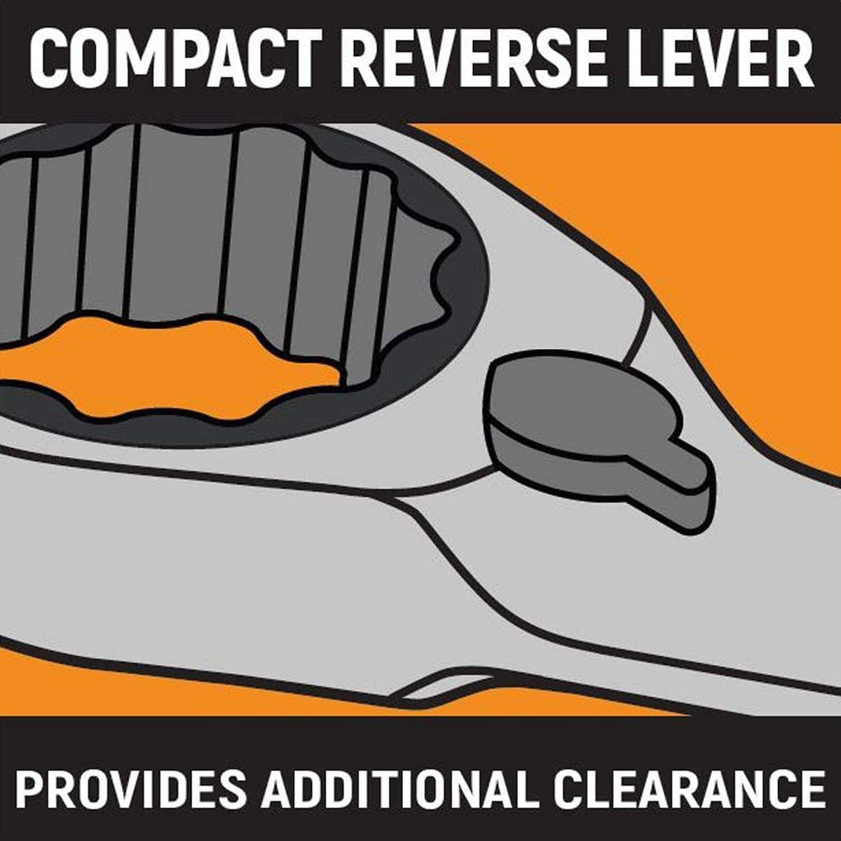 Technical graphic titled Compact Reverse Lever illustrating the low-profile design of the reversing switch to provide additional clearance.
