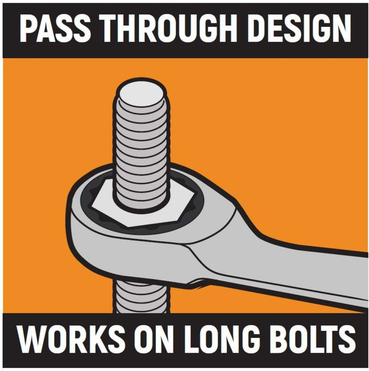 Wrench holding a long bolt with text 'Pass Through Design Works on Long Bolts' on an orange background