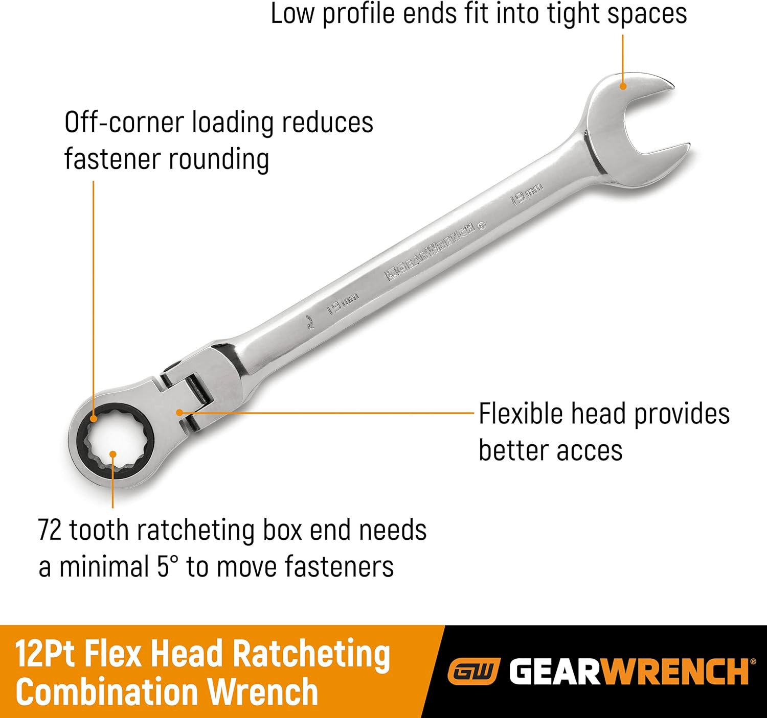 Infographic of a flex head ratcheting wrench highlighting features such as the 72-tooth gear, off-corner loading, low profile ends, and flexible head.