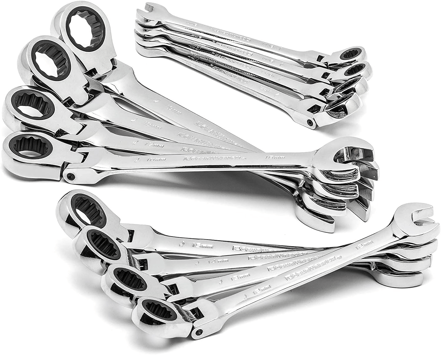 Artistic arrangement of the flex head wrenches fanned out to display the polished finish and the pivoting capability of the ratcheting ends.