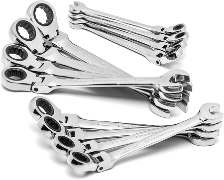 Artistic arrangement of the flex head wrenches fanned out to display the polished finish and the pivoting capability of the ratcheting ends.