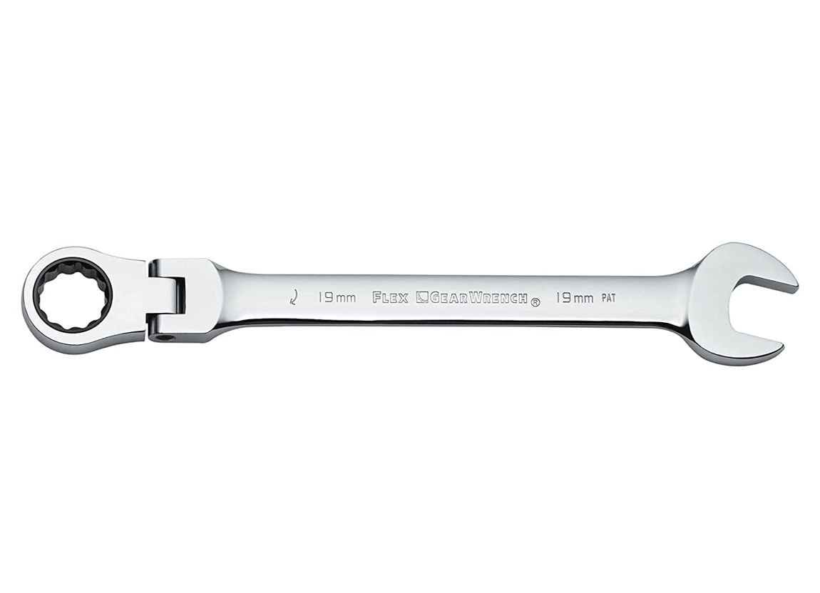 Side profile view of a polished chrome metric flex head ratcheting combination wrench showing the flexible joint near the box end.
