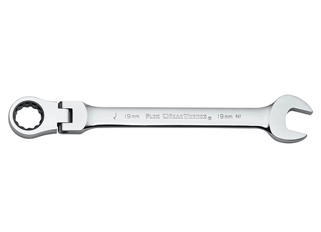 Side profile view of a polished chrome metric flex head ratcheting combination wrench showing the flexible joint near the box end.