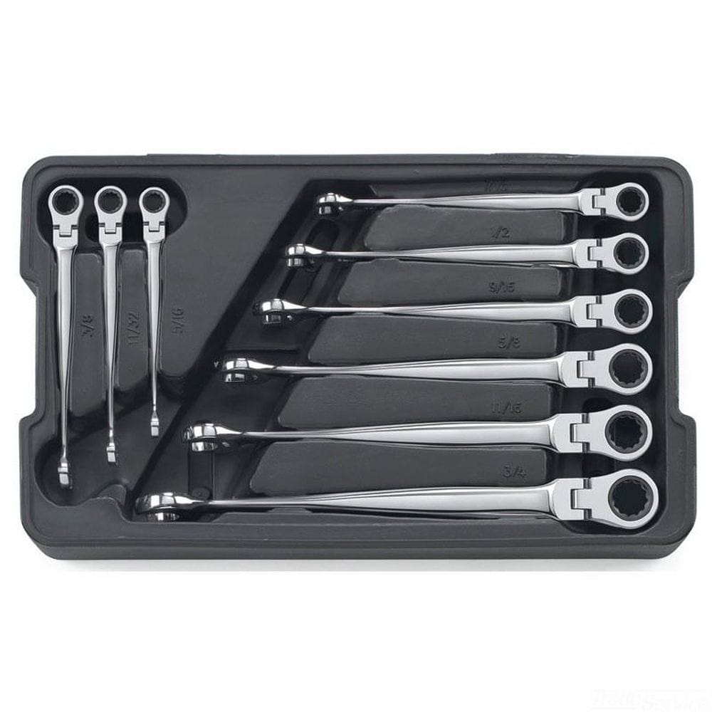 GearWrench 9 piece SAE XL X-Beam combination ratcheting wrench set neatly organized inside a heavy duty black blow mold storage tray. The extra long mechanics tool set showcases a full polish chrome finish on each individual hand tool, featuring the signature wide twisted beam body design, standard open ends, and flexible 12 point ratcheting box ends arranged by imperial sizes.