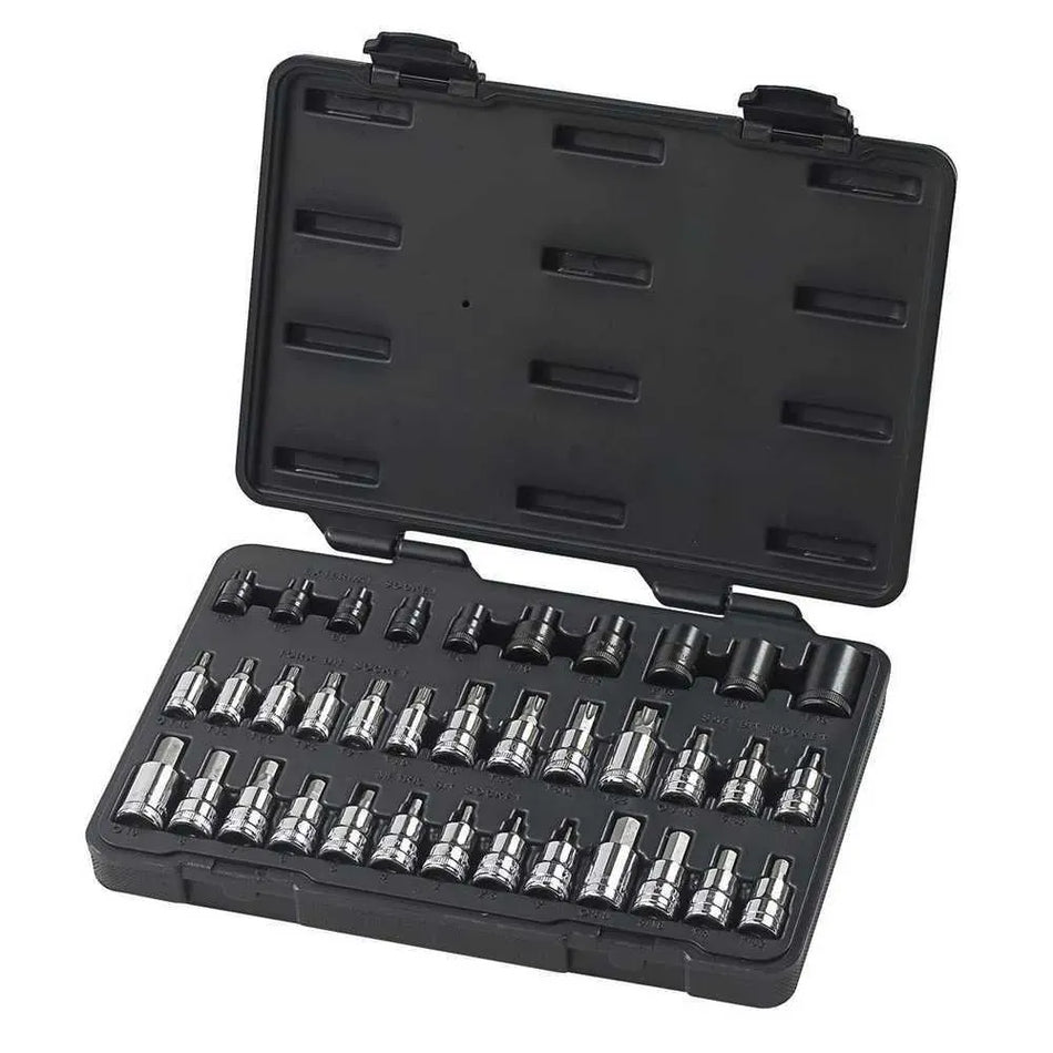 The GearWrench 36-piece bit socket set organized inside its open black blow-mold storage case.