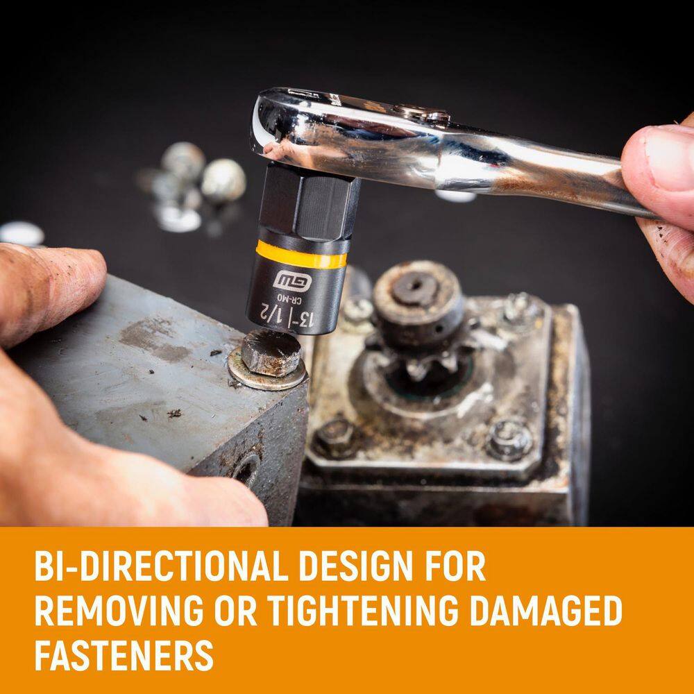 Bi-directional GearWrench Bolt Biter socket mounted on a hand ratchet removing a corroded industrial machinery bolt.