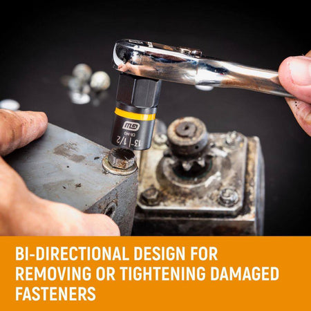 Bi-directional GearWrench Bolt Biter socket mounted on a hand ratchet removing a corroded industrial machinery bolt.