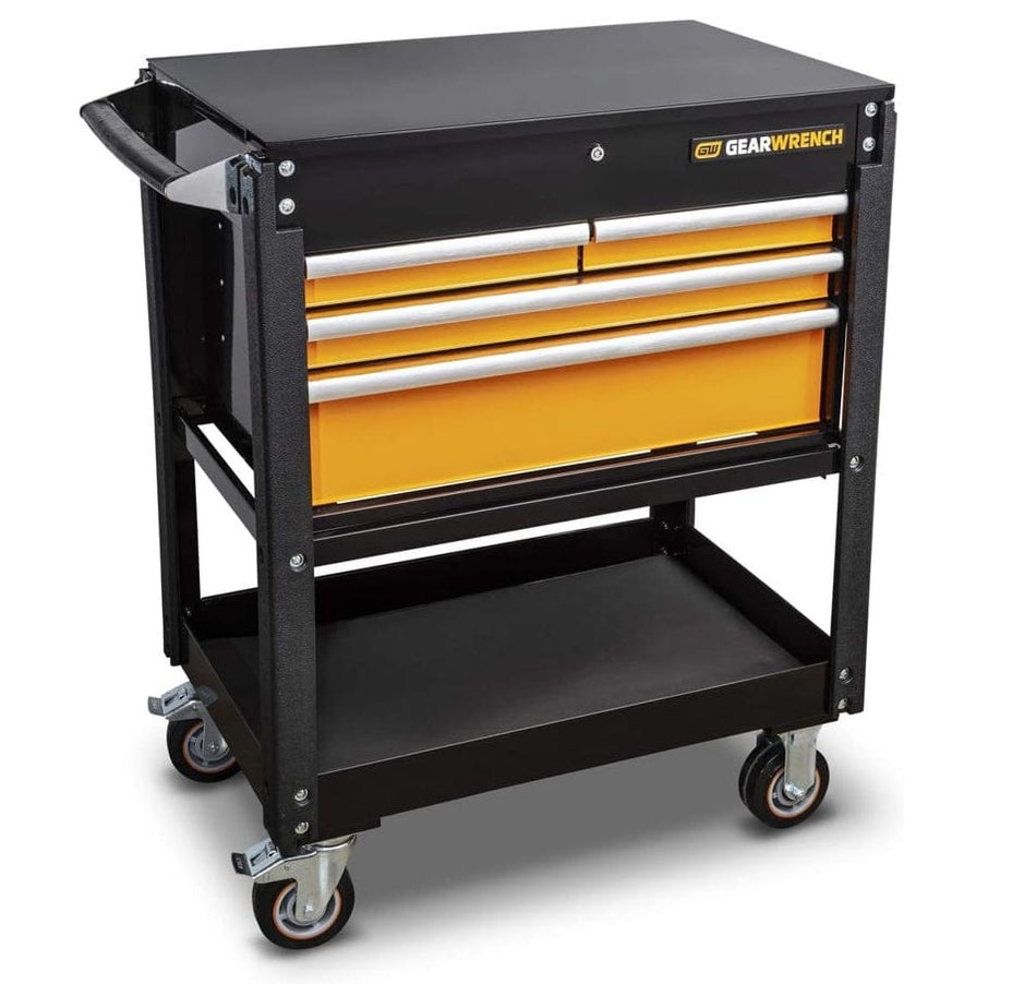 Angled studio view of the GearWrench GSX 33 inch black 4-drawer utility cart with orange drawer fronts and a bottom storage tray.