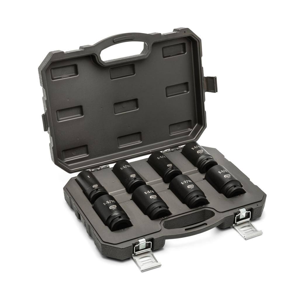 Open blow-molded storage case filled with an 8-piece set of GearWrench 3/4-inch drive deep impact sockets securely locked into custom slots.