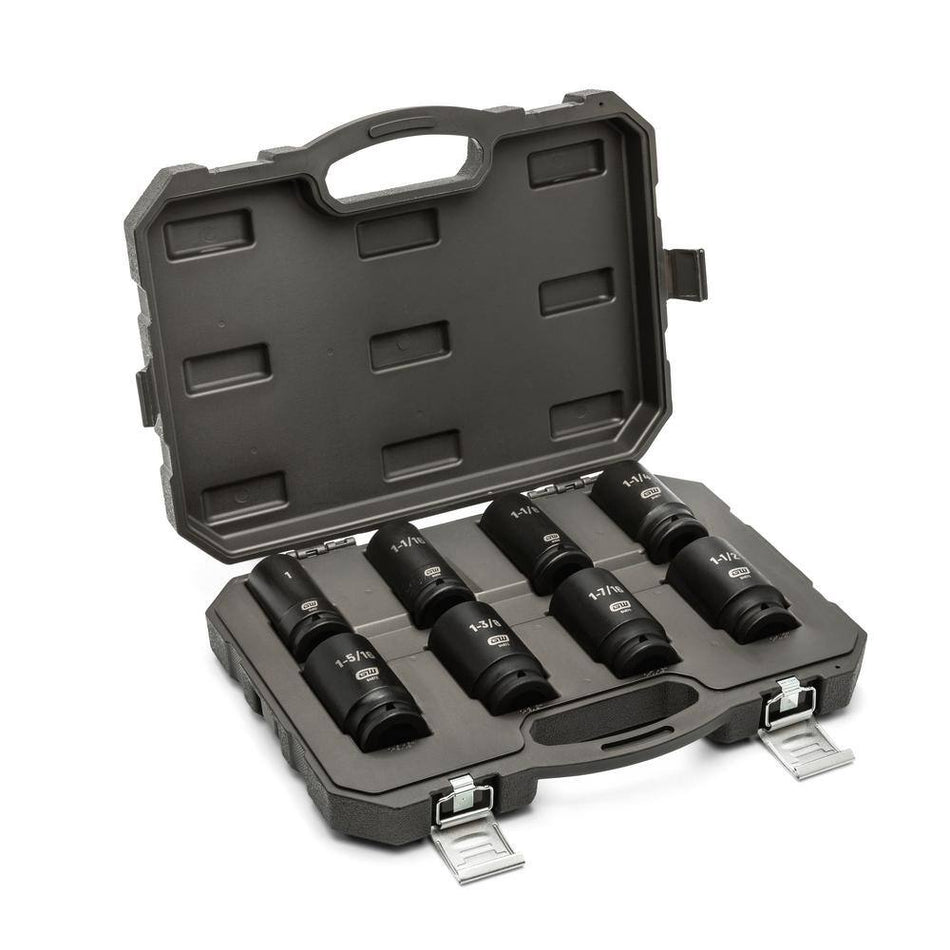 Open blow-molded storage case filled with an 8-piece set of GearWrench 3/4-inch drive deep impact sockets securely locked into custom slots.