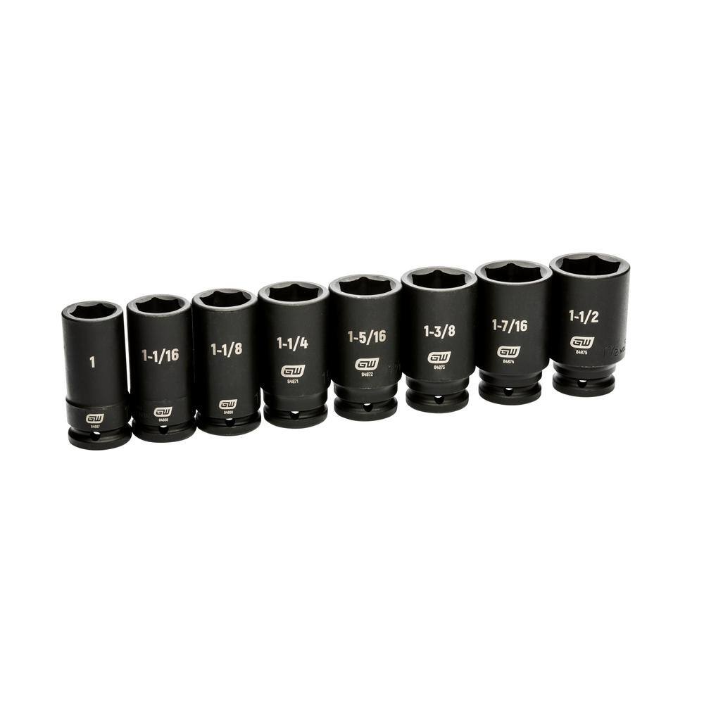 GearWrench 8-piece 3/4-inch drive deep impact socket set lined up by size to show individual fractional dimensions from 1 inch to 1-1/2 inches.