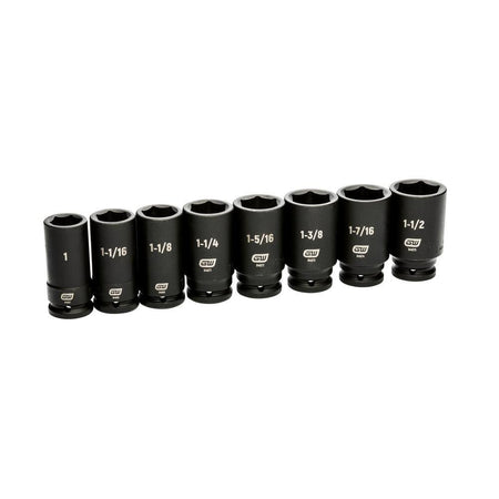 GearWrench 8-piece 3/4-inch drive deep impact socket set lined up by size to show individual fractional dimensions from 1 inch to 1-1/2 inches.