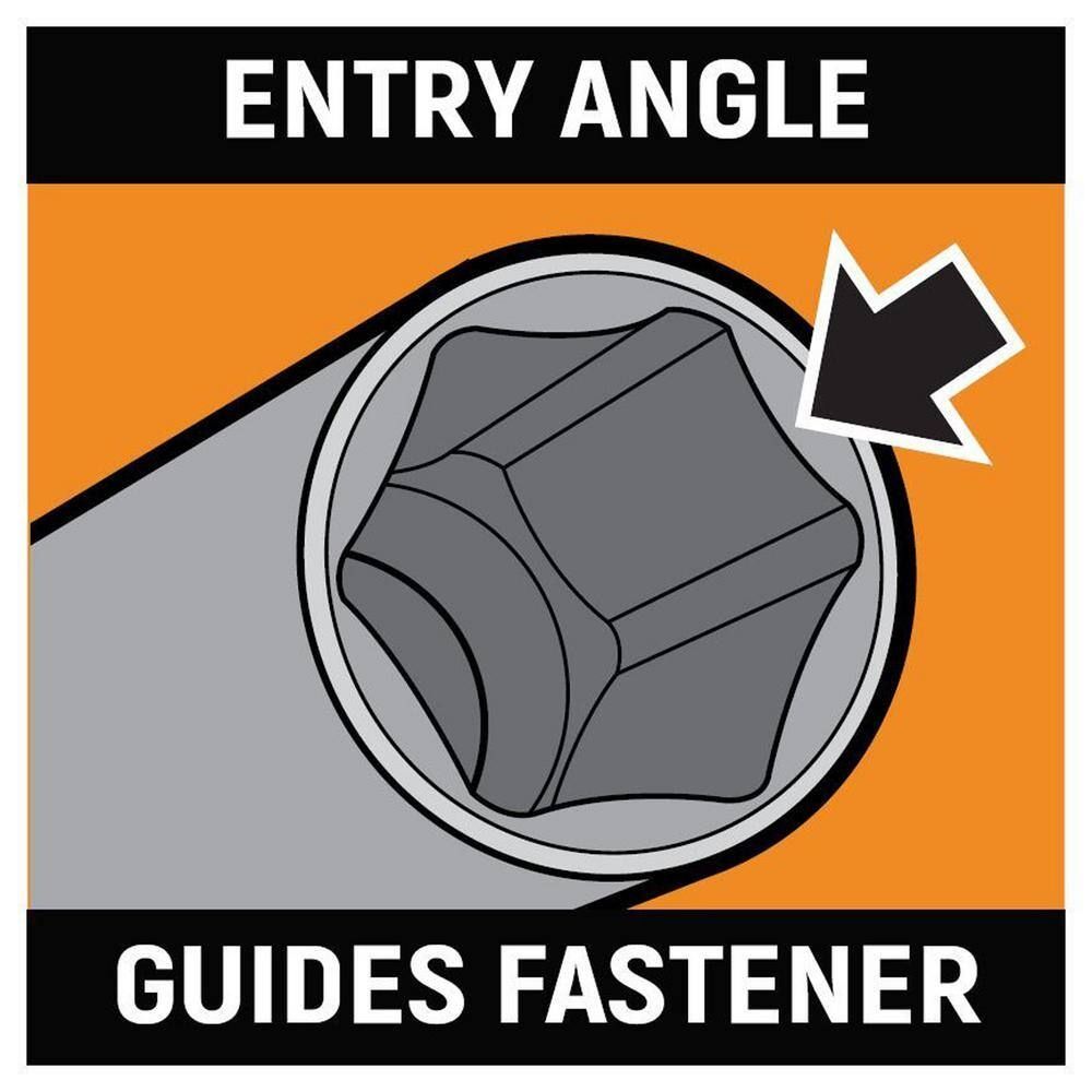 Diagram showing how the entry angle feature on GearWrench impact sockets smoothly guides onto fasteners for efficient engagement.