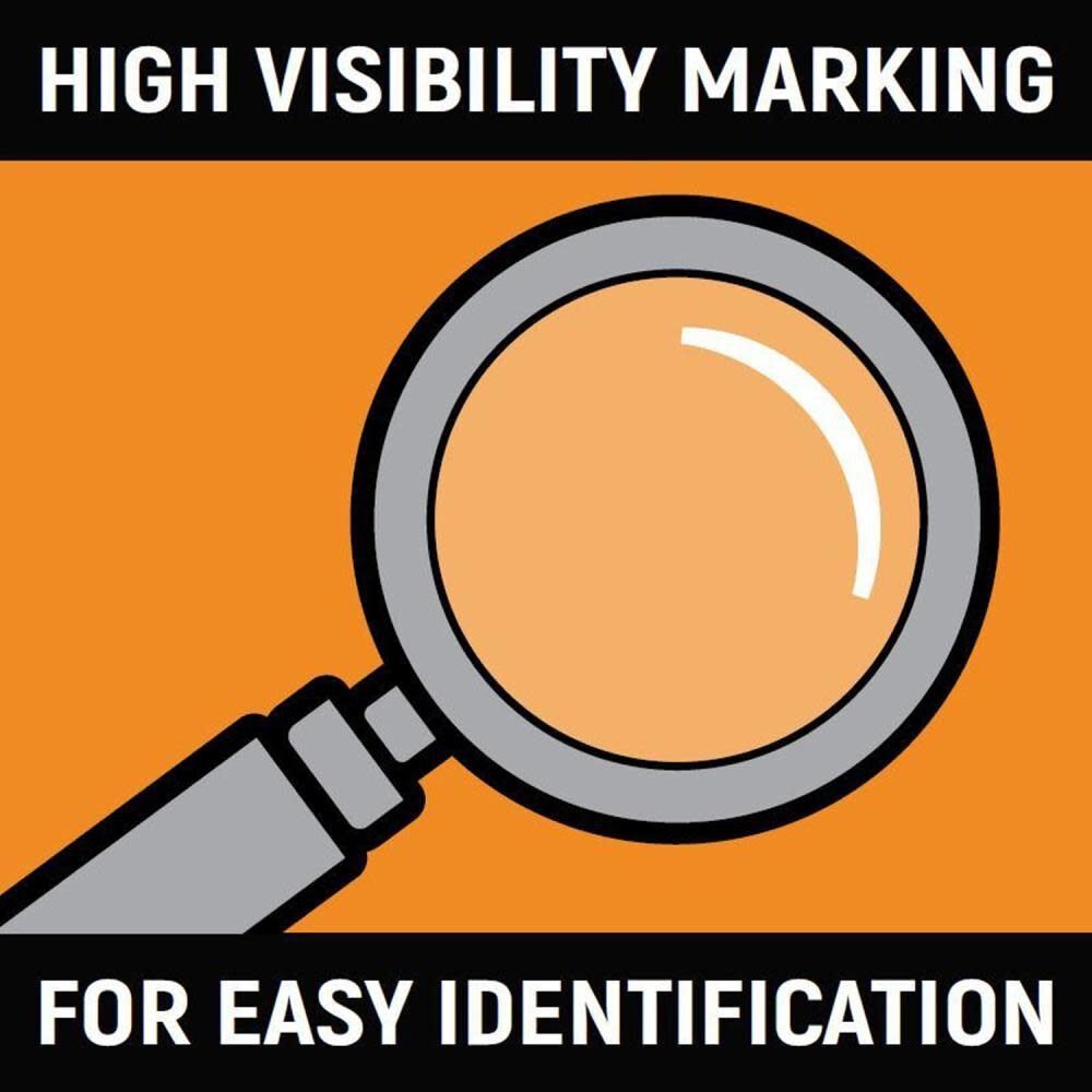Magnifying glass graphic highlighting high-visibility laser-etched size markings for quick tool identification in low-light conditions.