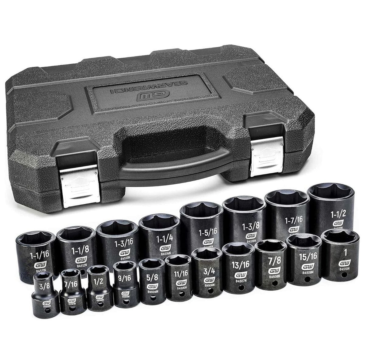GEARWRENCH 19-piece deep SAE impact socket set arranged with heavy-duty blow-molded carrying case with metal latches.