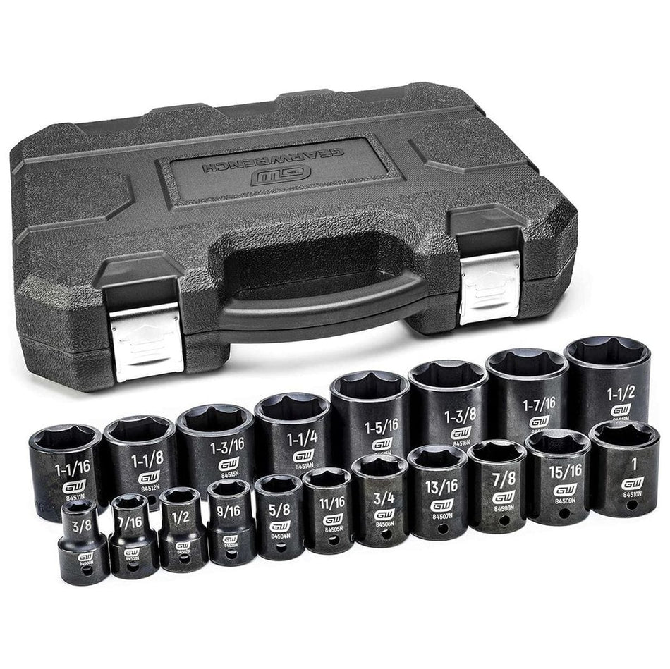 GEARWRENCH 19-piece deep SAE impact socket set arranged with heavy-duty blow-molded carrying case with metal latches.