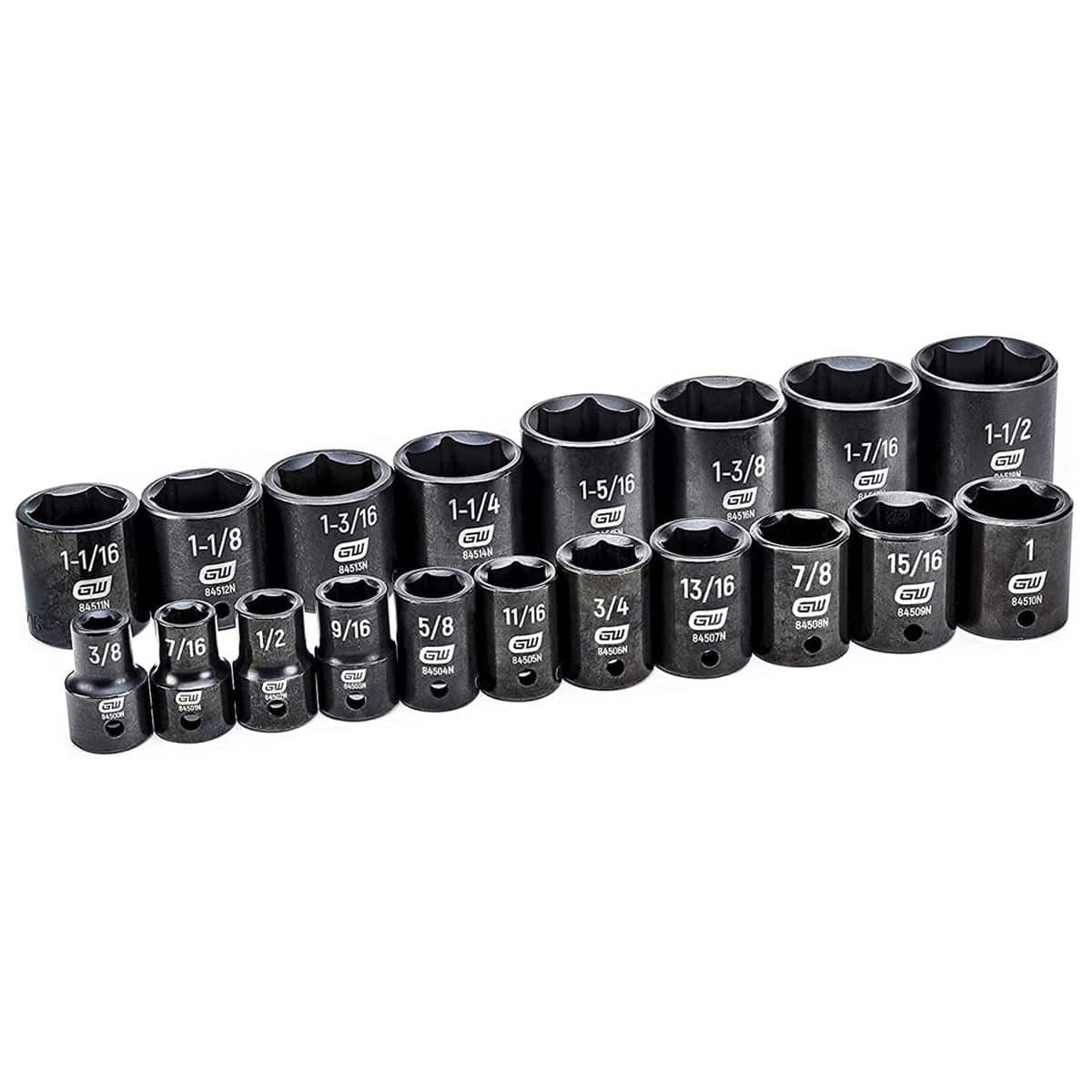 Complete lineup of 18 GEARWRENCH 1/2-inch drive deep 6-point SAE impact sockets ranging from 3/8-inch to 1-1/2 inches.
