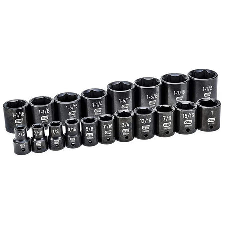 Complete lineup of 18 GEARWRENCH 1/2-inch drive deep 6-point SAE impact sockets ranging from 3/8-inch to 1-1/2 inches.