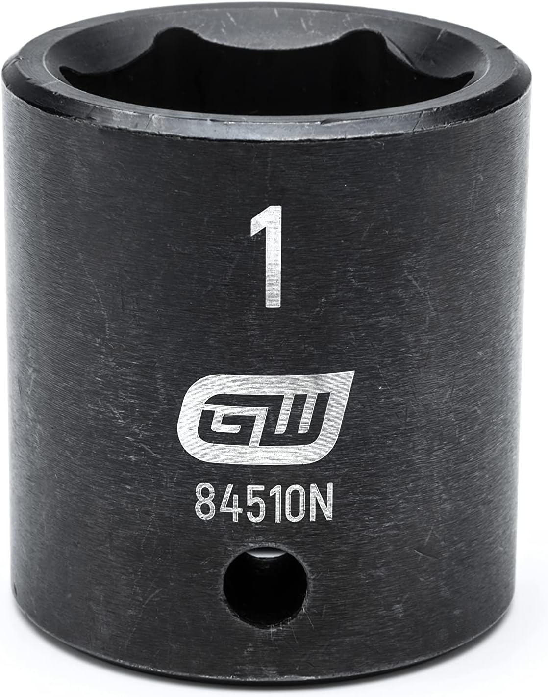 Close-up of GEARWRENCH 1-inch deep impact socket showing laser-etched size callout and drive tang retaining pin hole.