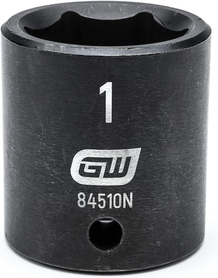 Close-up of GEARWRENCH 1-inch deep impact socket showing laser-etched size callout and drive tang retaining pin hole.