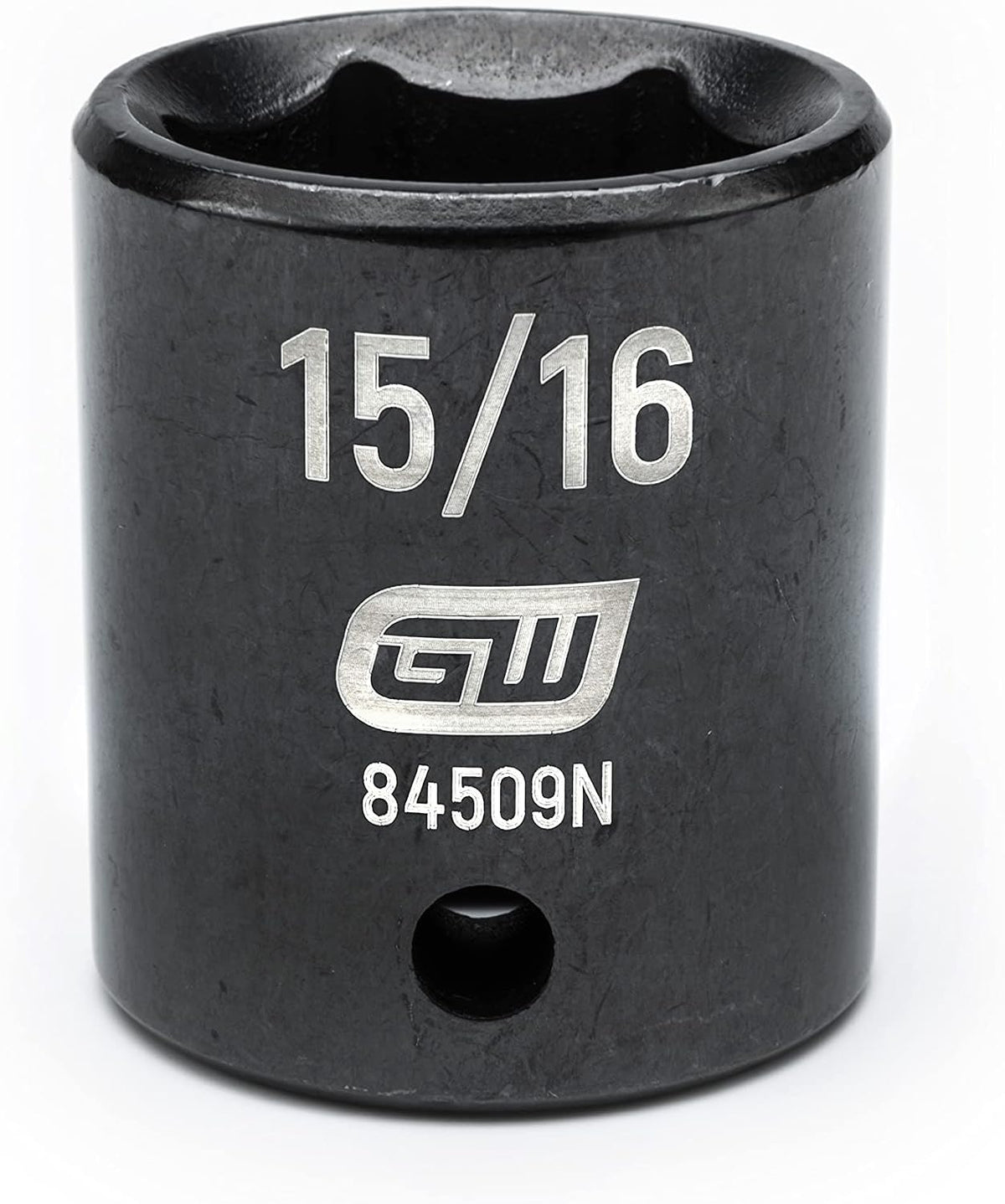 Close-up of 15/16-inch deep SAE impact socket featuring laser markings and corrosion-resistant black chemical finish.
