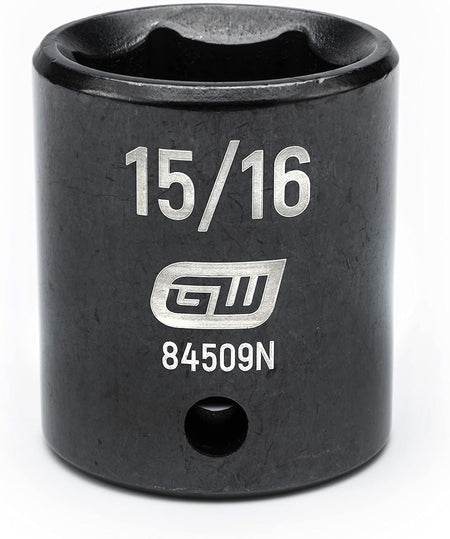 Close-up of 15/16-inch deep SAE impact socket featuring laser markings and corrosion-resistant black chemical finish.