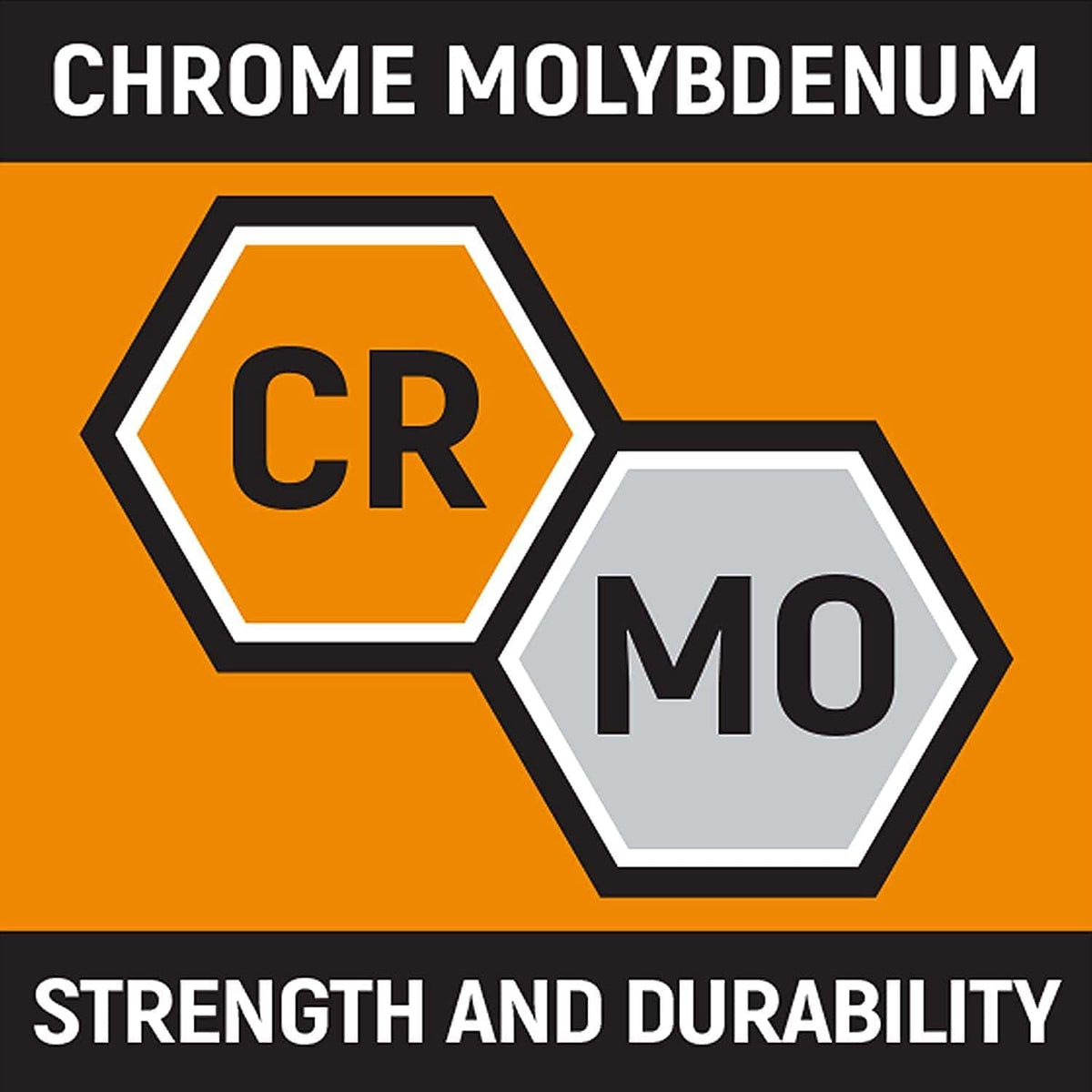 Graphic illustrating chrome molybdenum Cr-Mo alloy steel construction for high strength and impact tool durability.