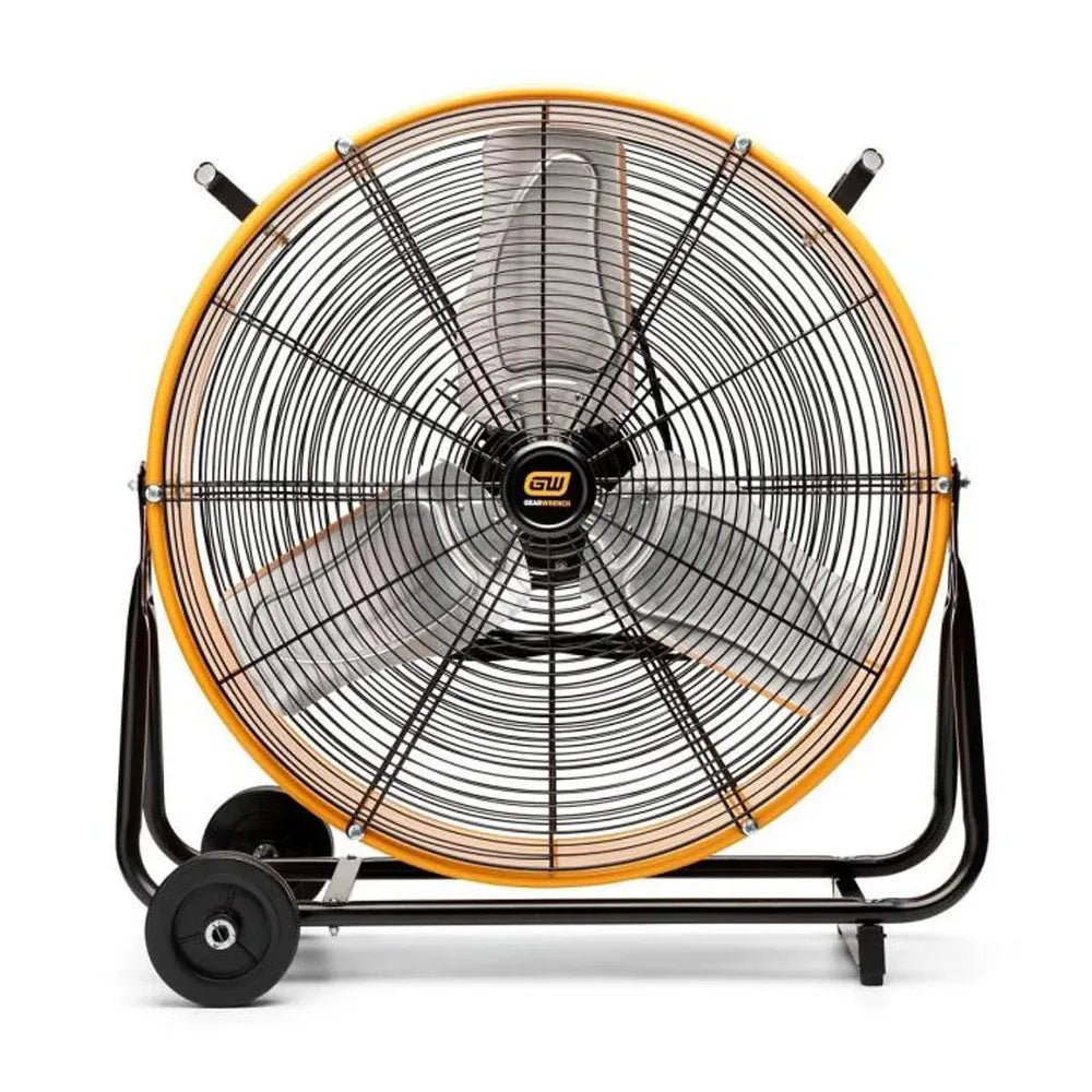 Front view of the GearWrench 24-inch high-velocity shop fan showing its orange steel drum, 3 blades, and mobile base.