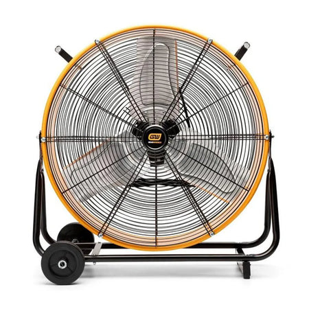 Front view of the GearWrench 24-inch high-velocity shop fan showing its orange steel drum, 3 blades, and mobile base.