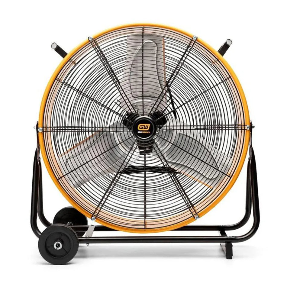 Front view of the GearWrench 24-inch high-velocity shop fan showing its orange steel drum, 3 blades, and mobile base.