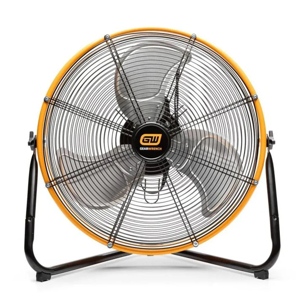 GearWrench 24-inch drum fan tilted on its stand to demonstrate adjustable airflow directional control for workshops.