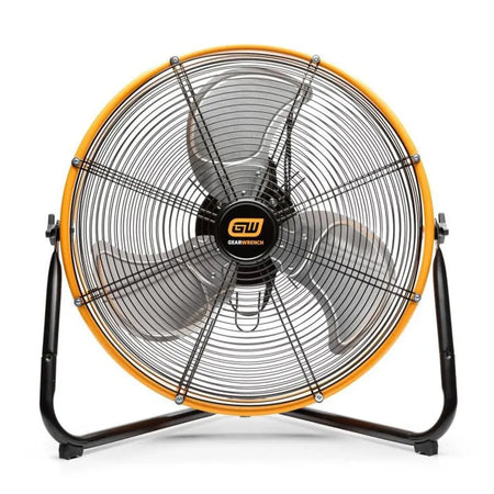 GearWrench 24-inch drum fan tilted on its stand to demonstrate adjustable airflow directional control for workshops.