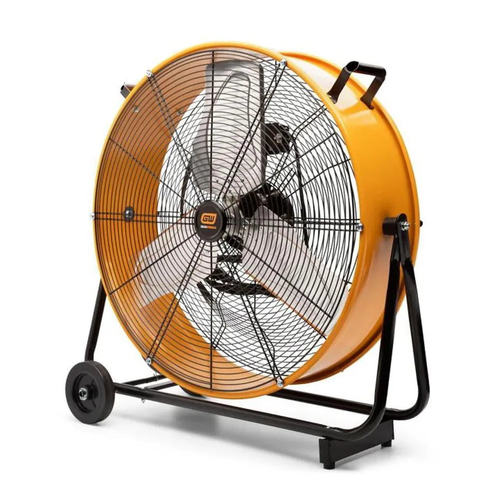 Three-quarter angle of the GearWrench 24-inch industrial shop fan showing the tubular roll cage frame and 5-inch wheels.