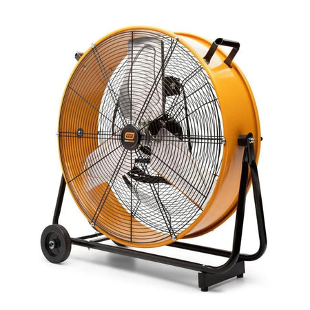 Three-quarter angle of the GearWrench 24-inch industrial shop fan showing the tubular roll cage frame and 5-inch wheels.